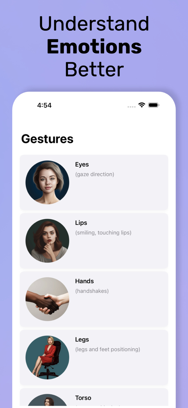 Understand emotions better — body language gestures organised by eyes, lips, hands, legs and torso