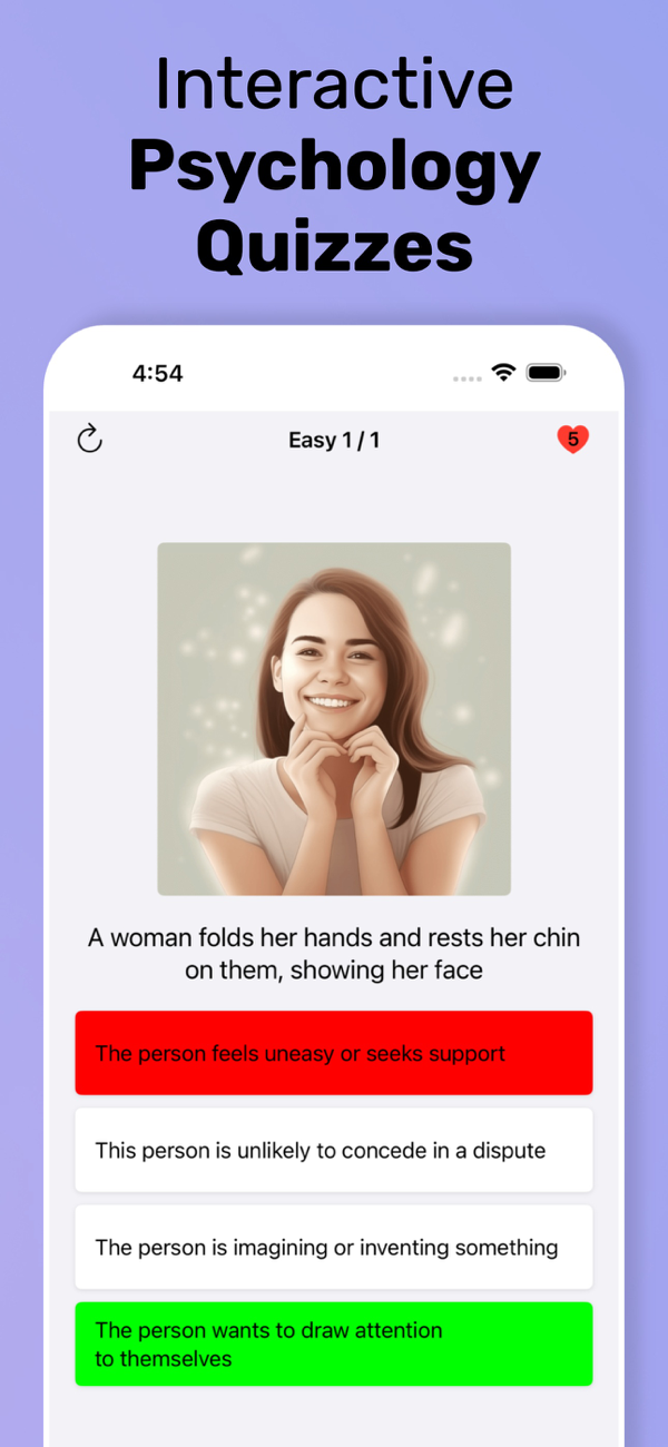 Interactive psychology quizzes — test your body language reading skills with instant feedback